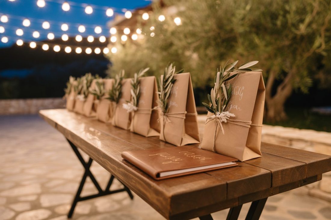 A beautifully arranged table with multiple wedding brown paper bags tied with twine and decorated with olive branches, set against a backdrop of warm, glowing fairy lights.