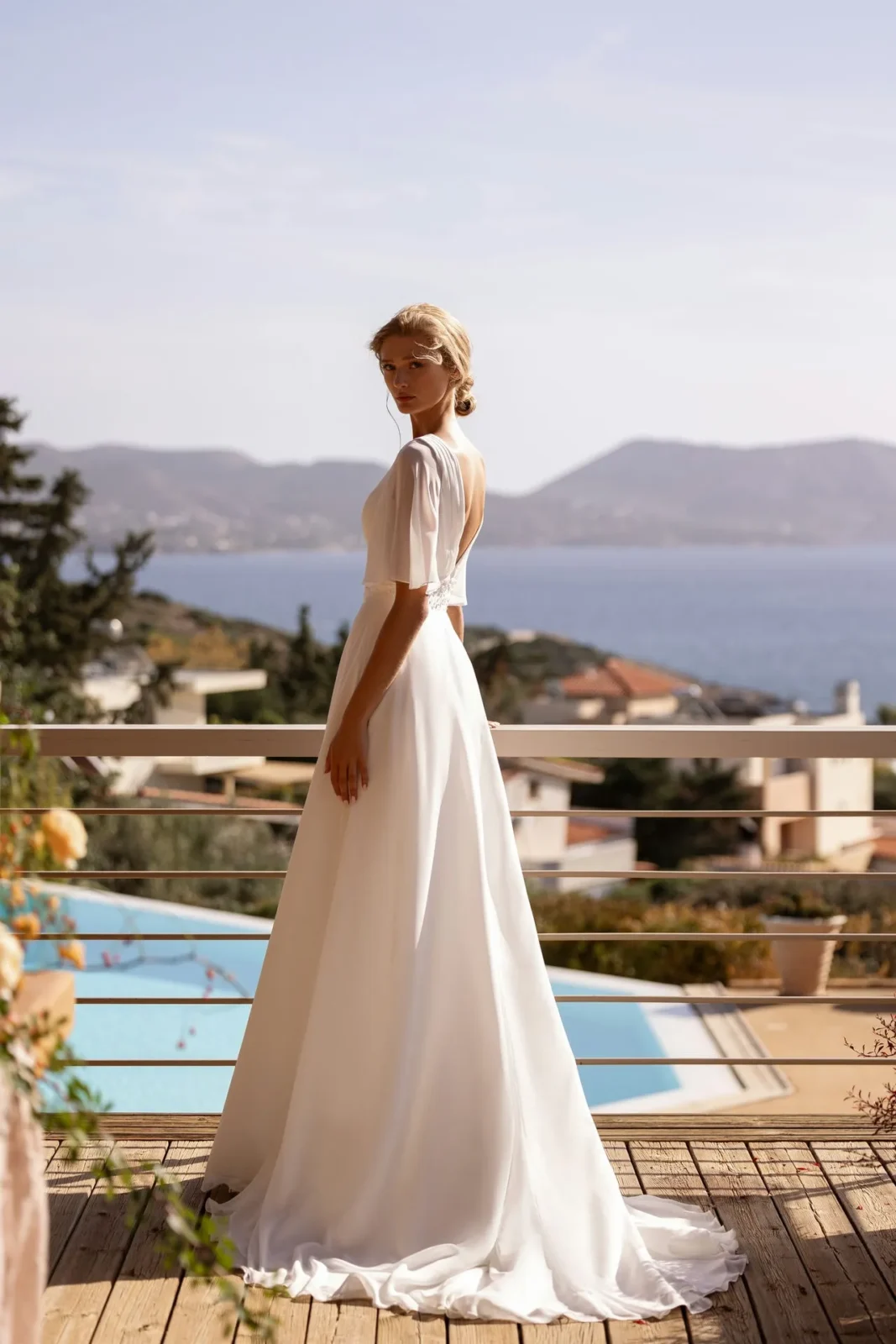 elegant bride wearing an greek goddess wedding dress