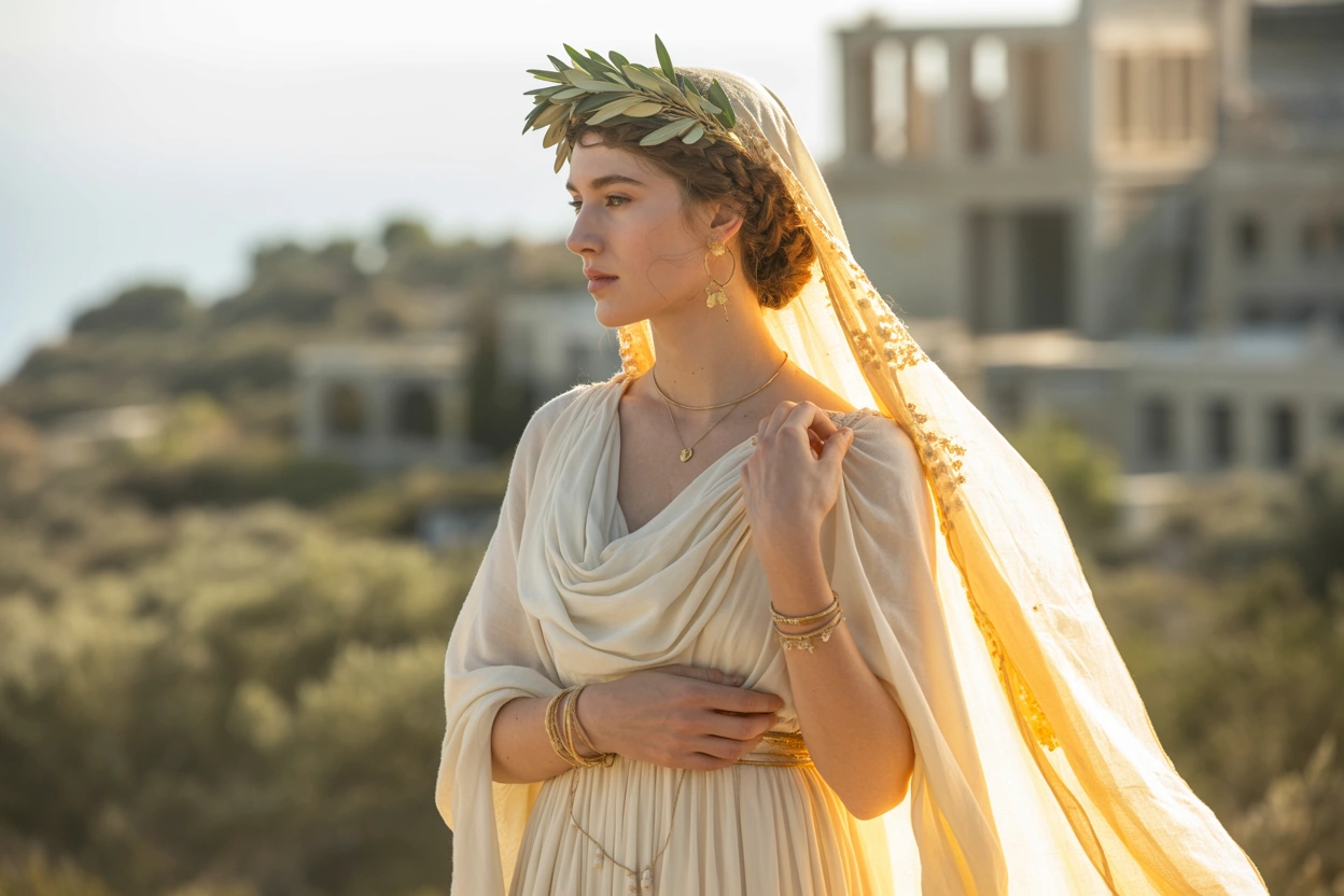Ancient Greek bride wearing traditional peplos, inspiration for modern Grecian bridal gowns