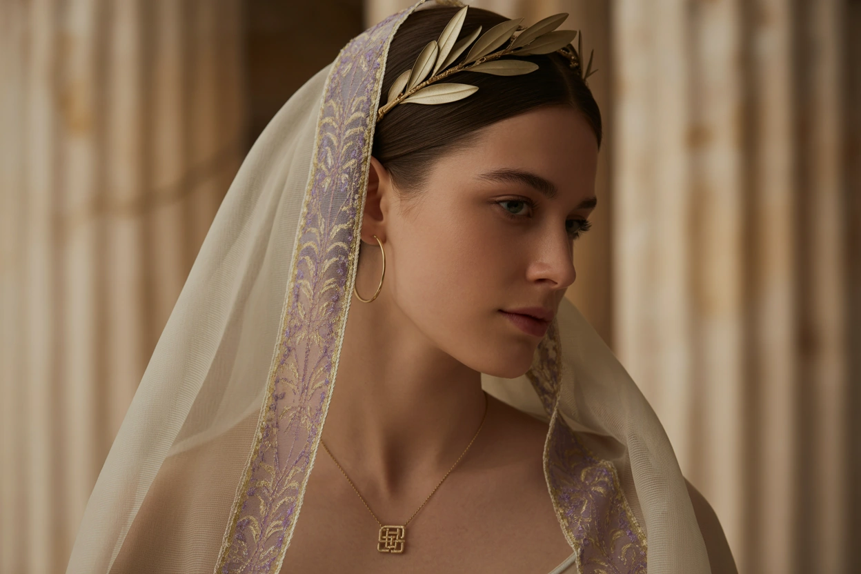 ancient greek bride wearing a kredemnon veil