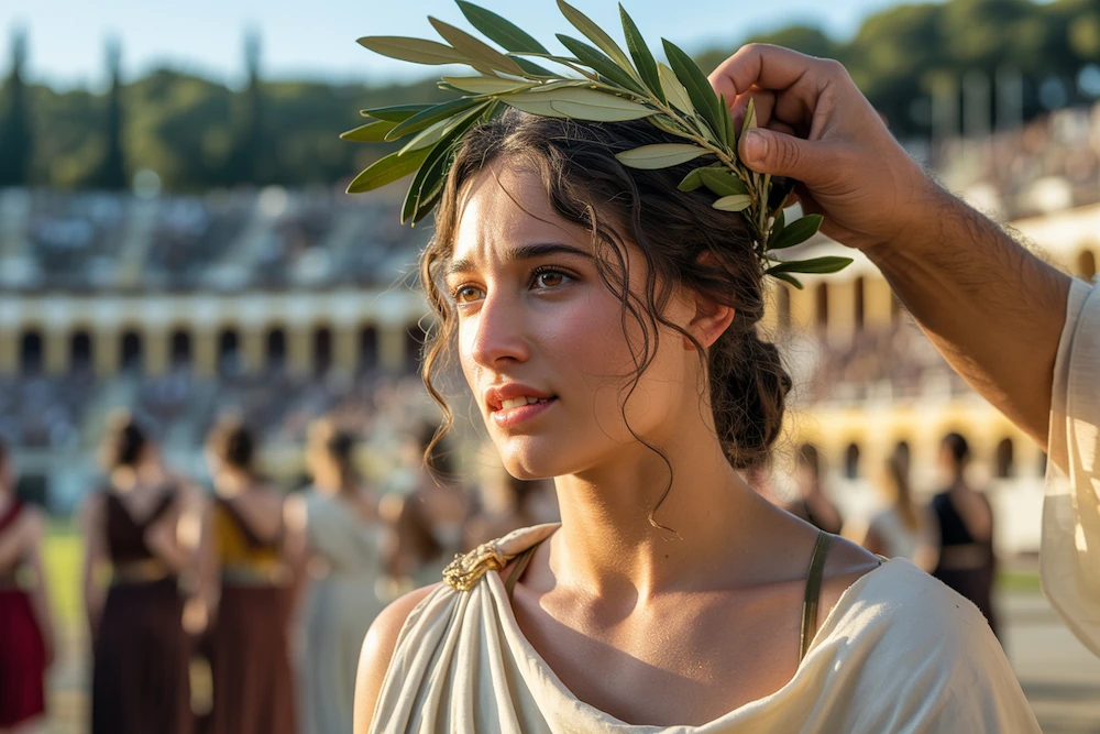 ancient greek woman being crowned with a stephanos during the heraean games in olympia