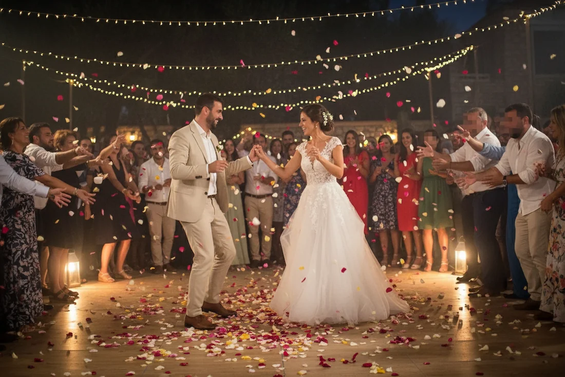 bride and groom dancing at a greek wedding surrounded by guests showering them in flower petals