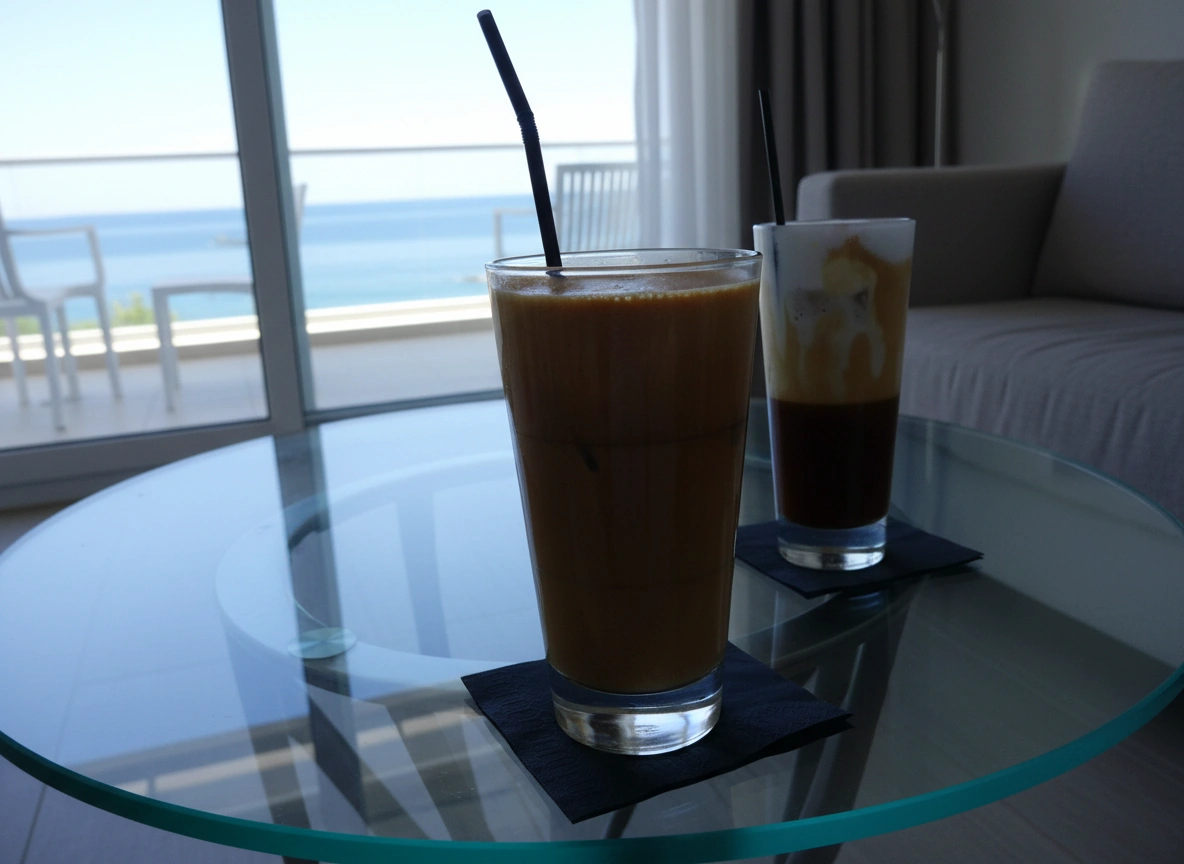 greek frappe and freddo cappuccino in a hotel room on a glass coffee table