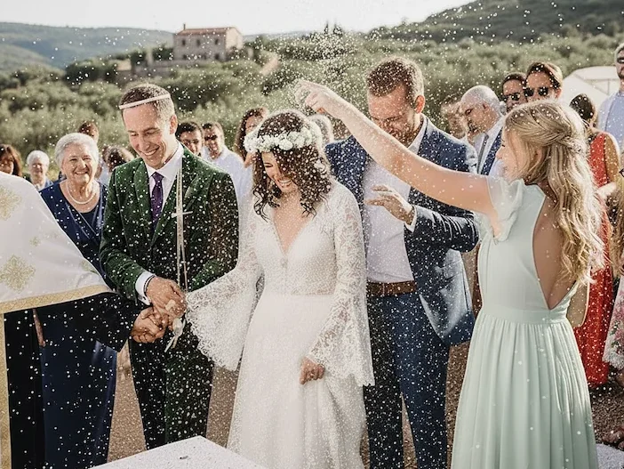 A couple in Crete being showered with rice during the Dance of Isaiah