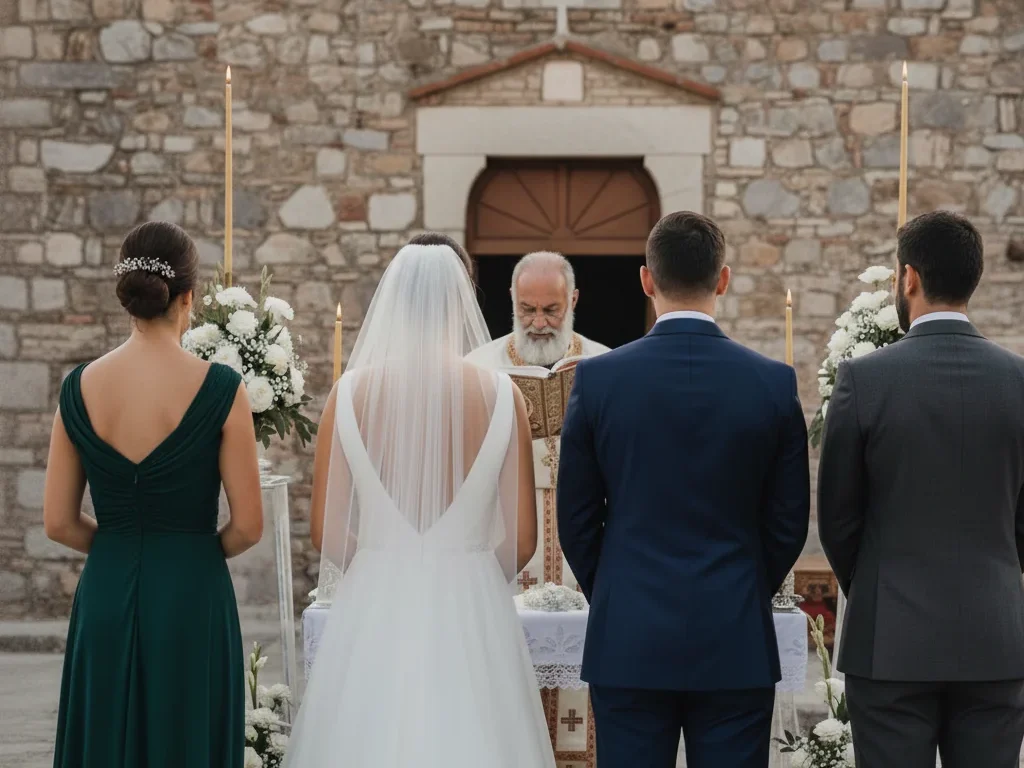A Greek Orthodox wedding ceremony seen from behind, with the koumbara and koumbaro standing beside the couple