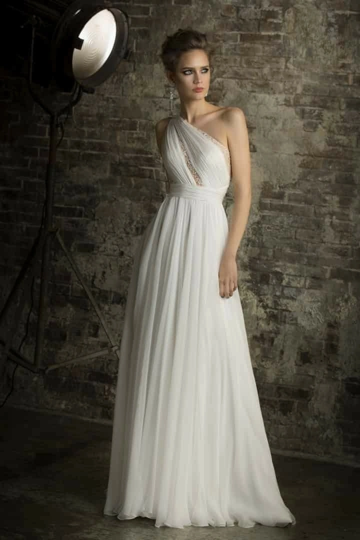 model posing wearing a grecian style wedding dress