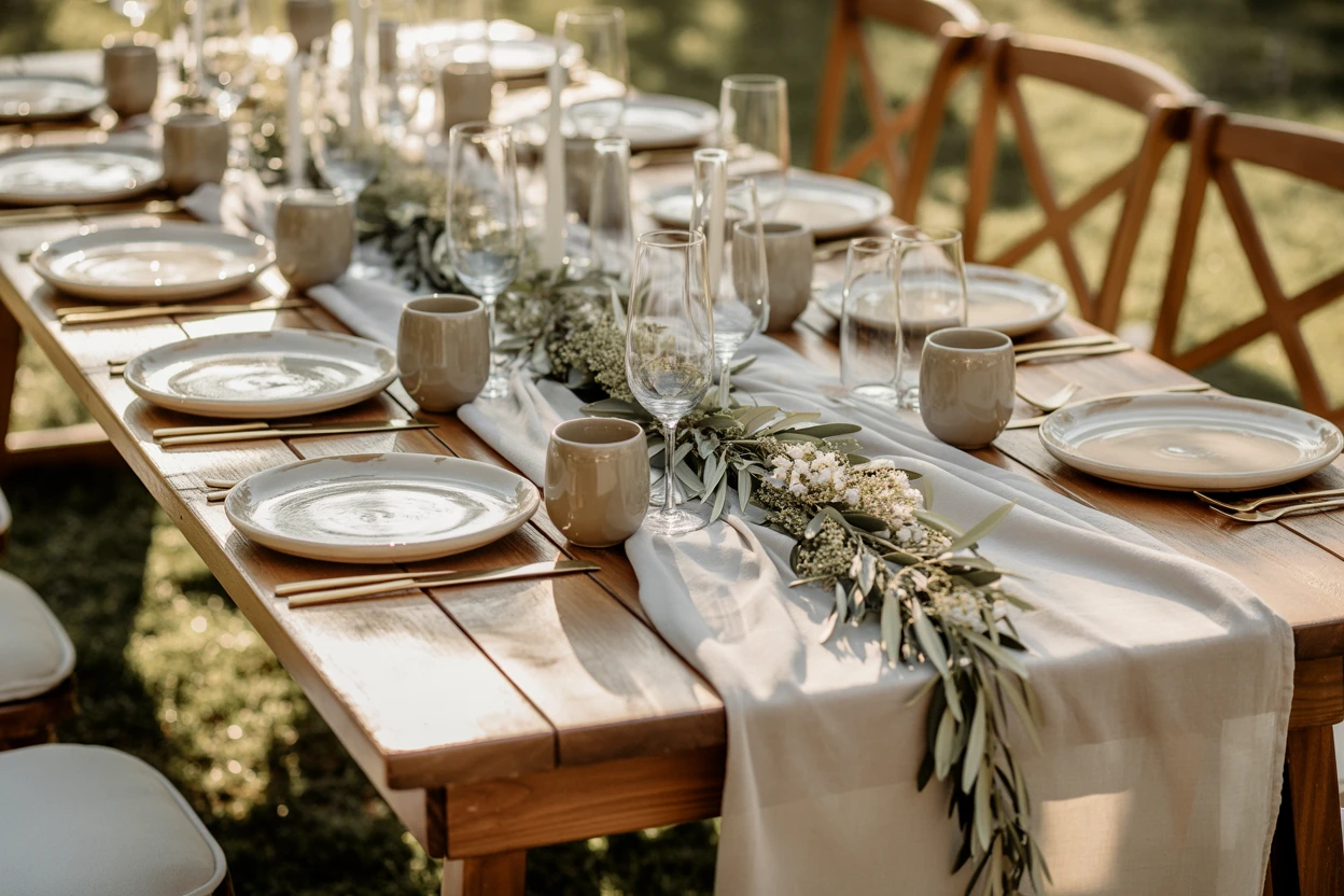 a rustic table setting for a wedding in greece adorned with olive branches