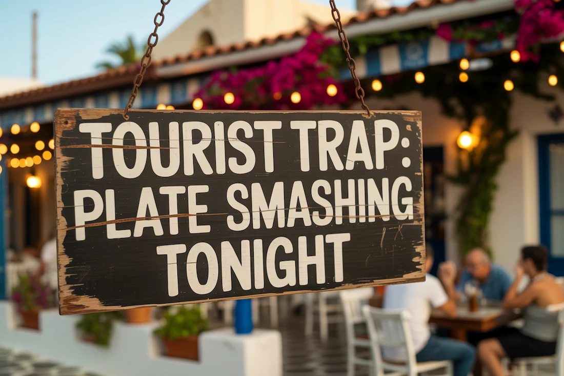a wooden sign in front of a greek taverna that reads tourist trap greek plate smashing tonight