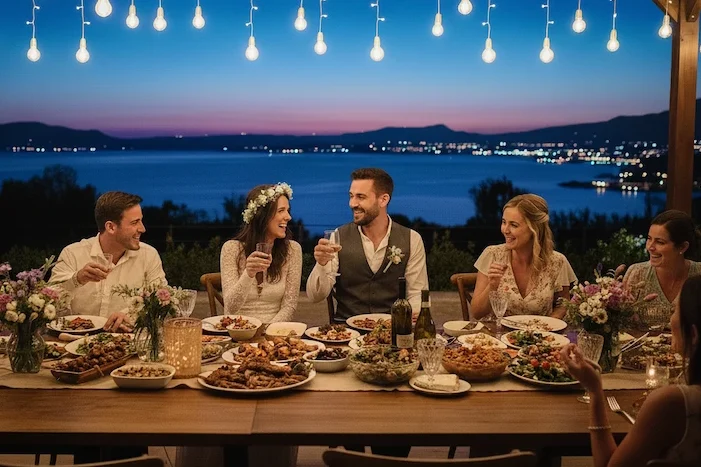intimate greek wedding celebration with six guests at a table with sea in background