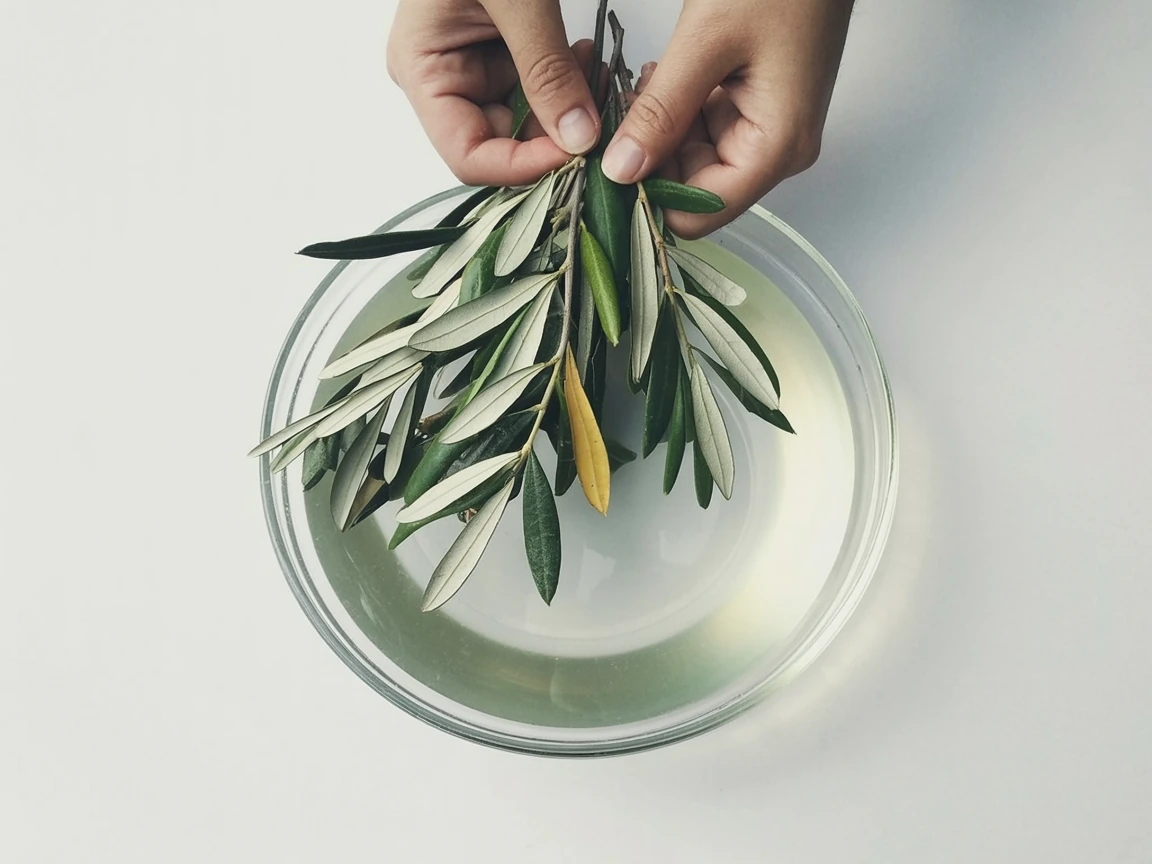 two hands washing olive branches and picking out yellow leaves for step 1 of stefana