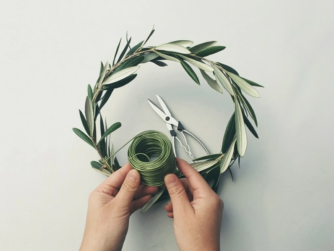 two hands wrapping a green metal wire around a circle of branches for step 3 of stefana