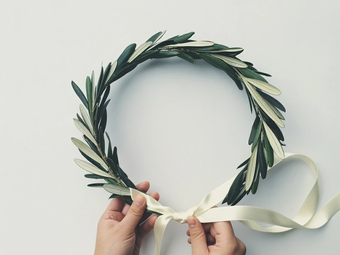 two hands wrapping a cream colored ribbon at one end of a circle of olive branch for step 4 of stefana