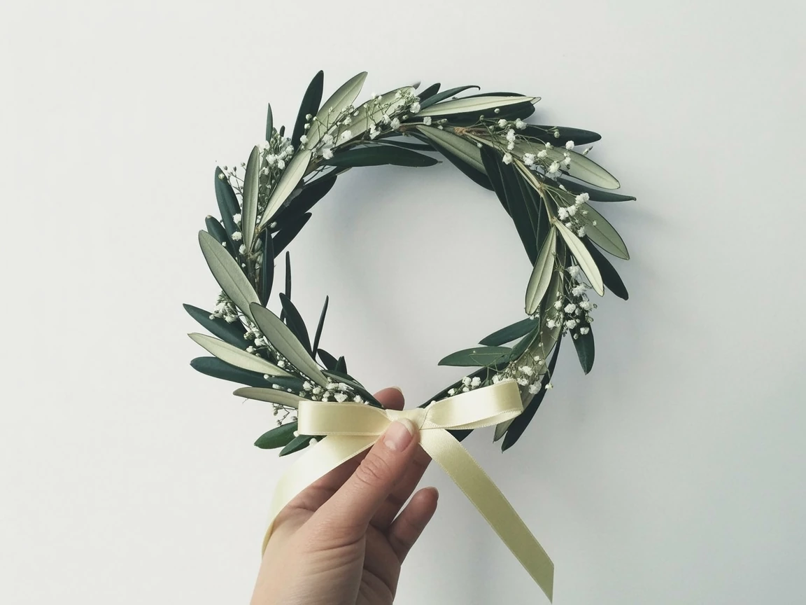 one hand holding a completed fresh wedding stefana made of olive branches with a cream ribbon and flowers for final step 5 of stefana