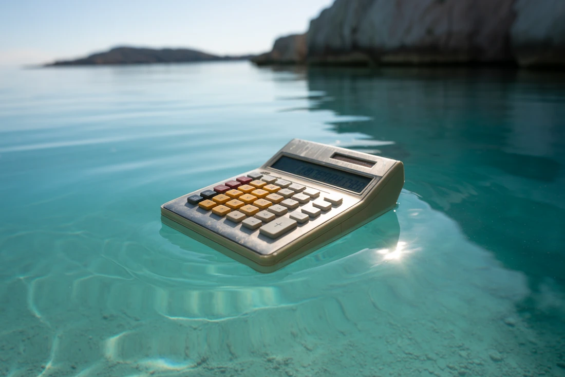a vintage calculator floating in the turquoise waters of corfu greece