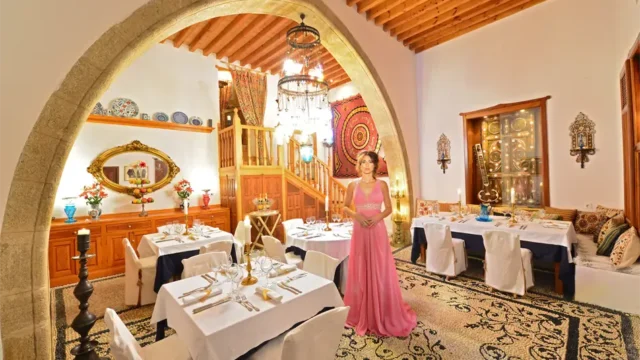 indoor dining hall view of the Melenos Art Boutique Hotel setup for a wedding in rhodes