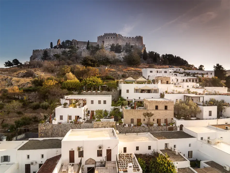 wide angle view of the Melenos Art Boutique Hotel for a wedding in rhodes