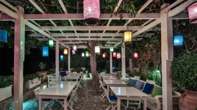 outdoor pergola at night of the Melenos Art Boutique Hotel in rhodes