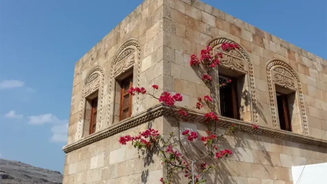classic limestone walls of the Melenos Art Boutique Hotel setup for a wedding in rhodes