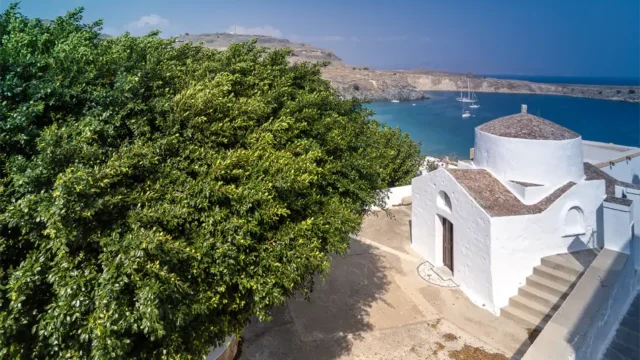 white chapel at the Melenos Art Boutique Hotel setup for a wedding in rhodes