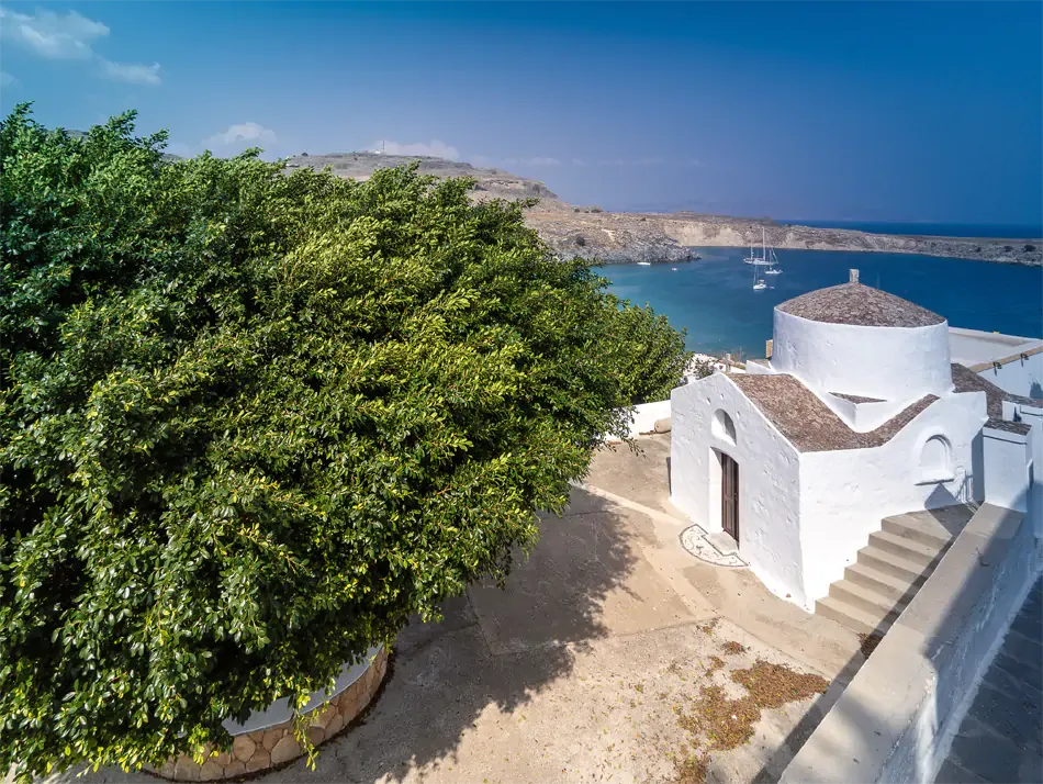 white chapel at the Melenos Art Boutique Hotel setup for a wedding in rhodes