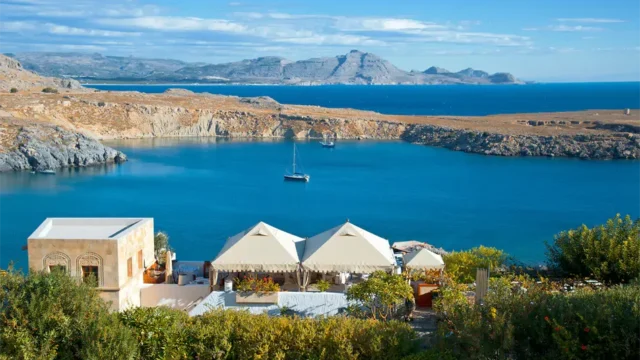 A view over the Aegean sea from Melenos Art Boutique Hotel setup for a wedding in rhodes