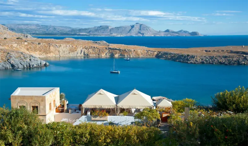 A view over the Aegean sea from Melenos Art Boutique Hotel setup for a wedding in rhodes