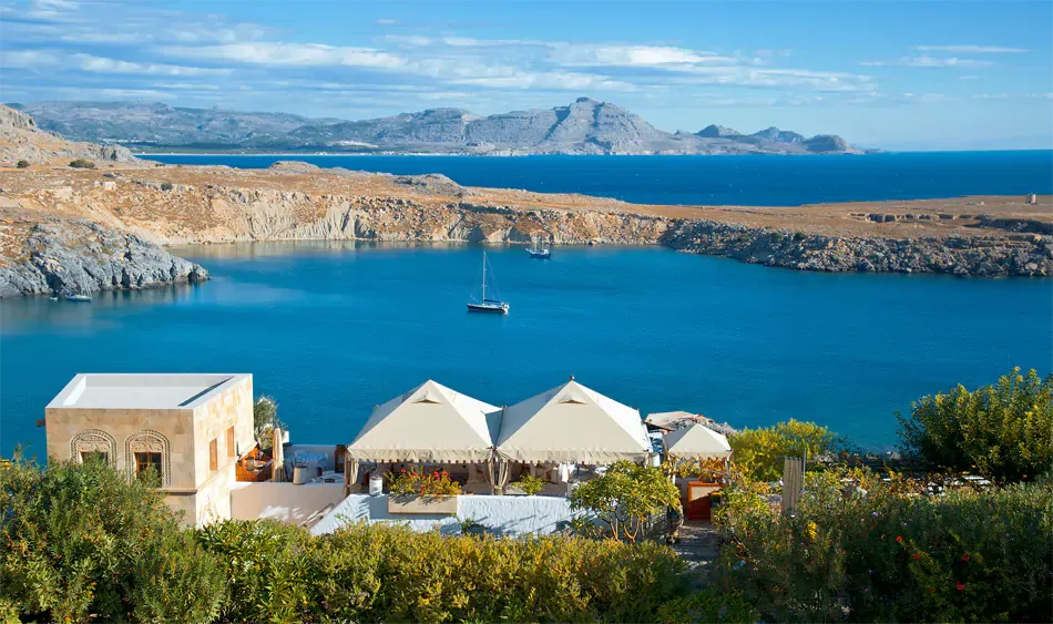 A view over the Aegean sea from Melenos Art Boutique Hotel setup for a wedding in rhodes
