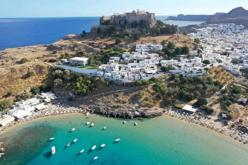 aerial wide shot of the historic mountain and the Melenos Art Boutique Hotel setup for a wedding in rhodes