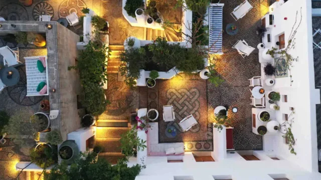 aerial view of the courtyard at the Melenos Art Boutique Hotel in rhodes