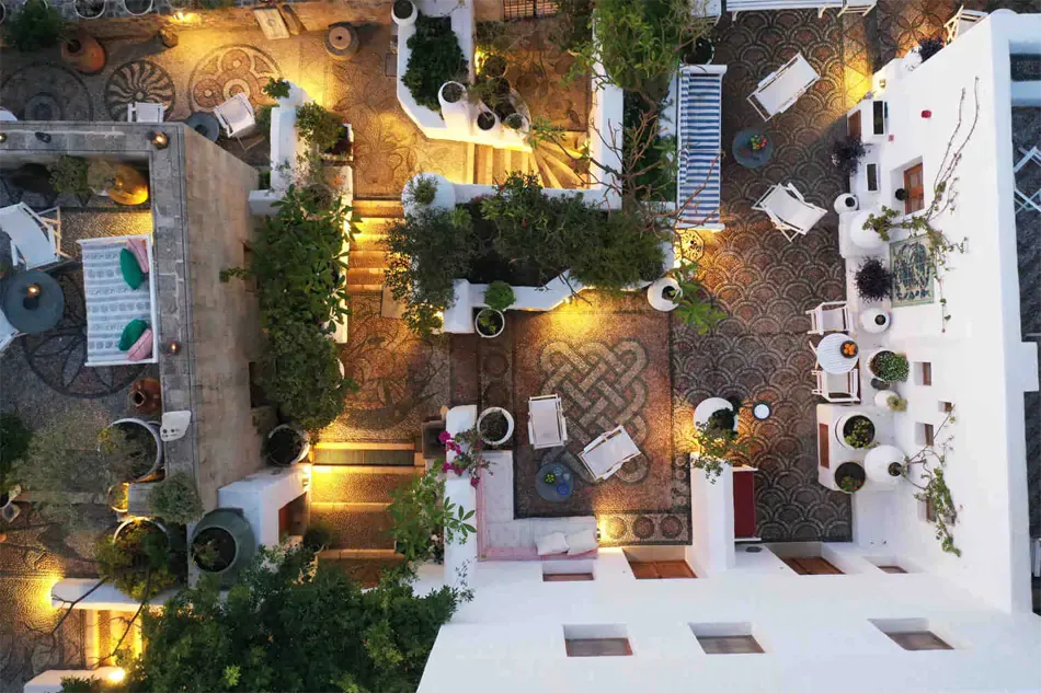 aerial view of the courtyard at the Melenos Art Boutique Hotel in rhodes