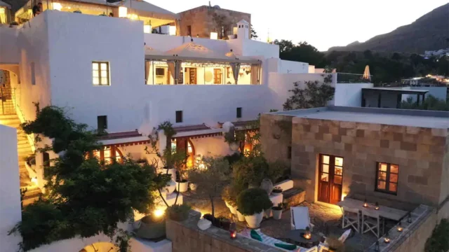 outside view of the Melenos Art Boutique Hotel setup for a wedding in rhodes