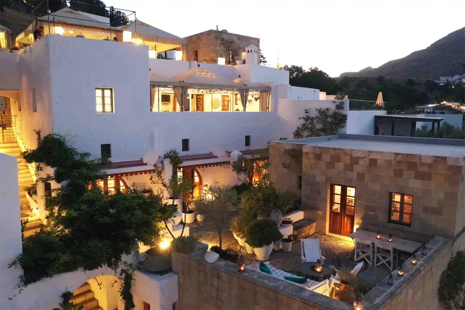 outside view of the Melenos Art Boutique Hotel setup for a wedding in rhodes