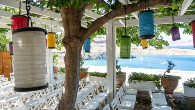 outdoor seating at the Melenos Art Boutique Hotel setup for a wedding in rhodes