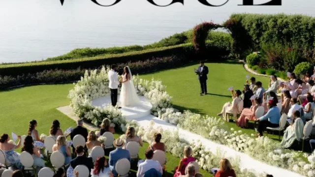 an aerial view of a wedding in greece on the cover of vogue magazine