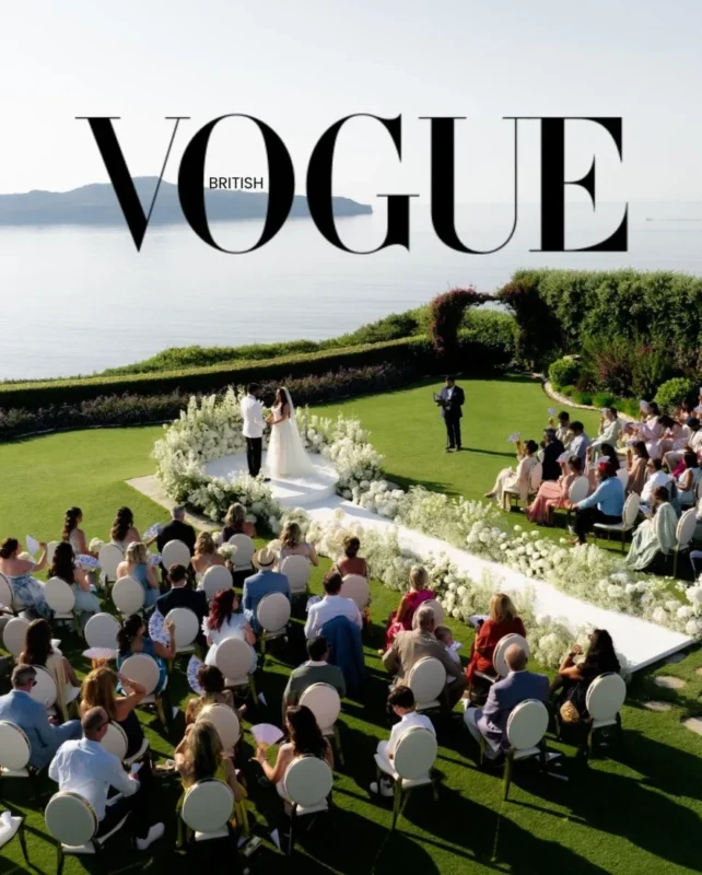 an aerial view of a wedding in greece on the cover of vogue magazine