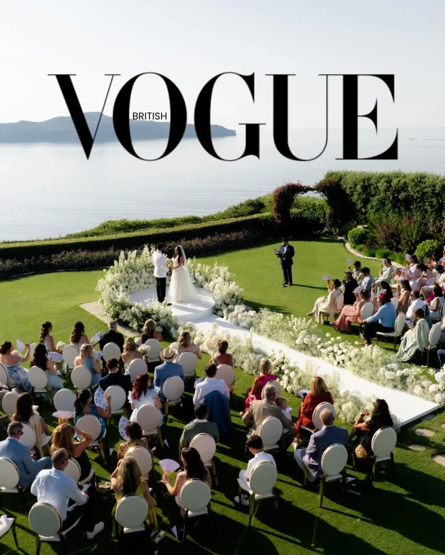 an aerial view of a wedding in greece on the cover of vogue magazine