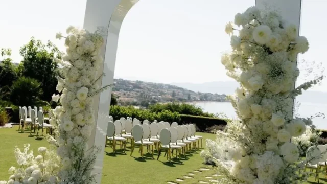 a beautiful chair arrangement for a wedding in front of the aegean sea