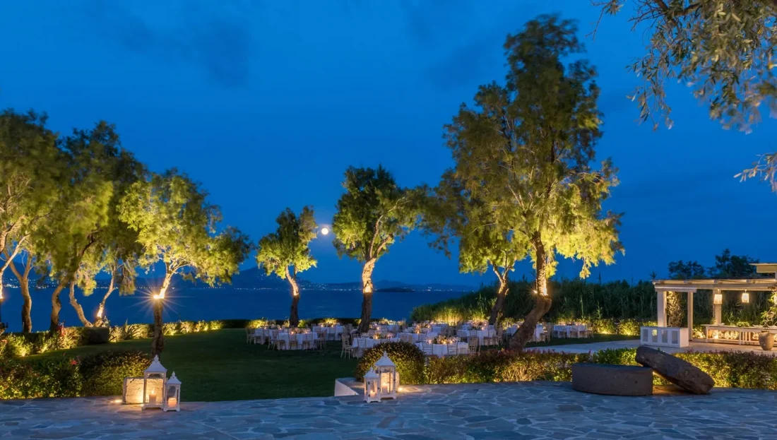 island residence wedding venue on the athens riviera at night