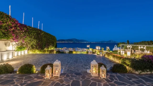 island residence wedding venue on the athens riviera at night with lanterns