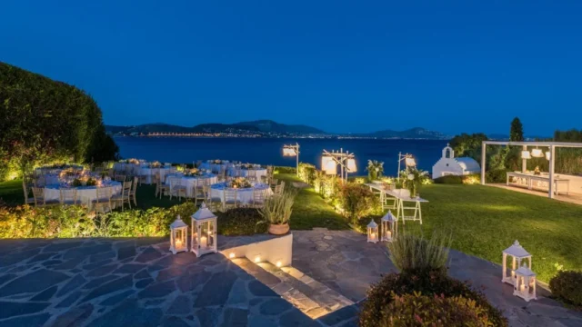 island residence wedding venue on the athens riviera at night after sunset