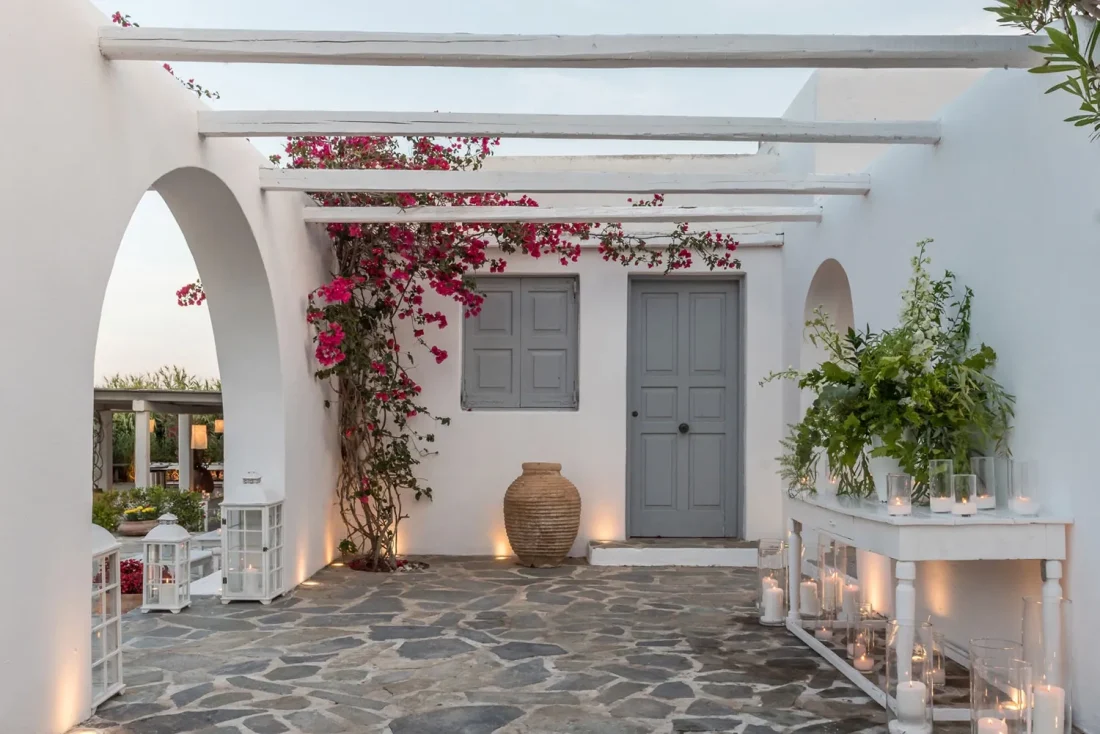 island residence wedding venue on the athens riviera at night main entrance