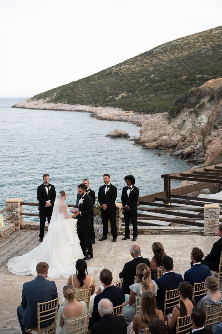 Kendall and Taylor's wedding ceremony overlooking the Aegean Sea on Sifnos, Greece