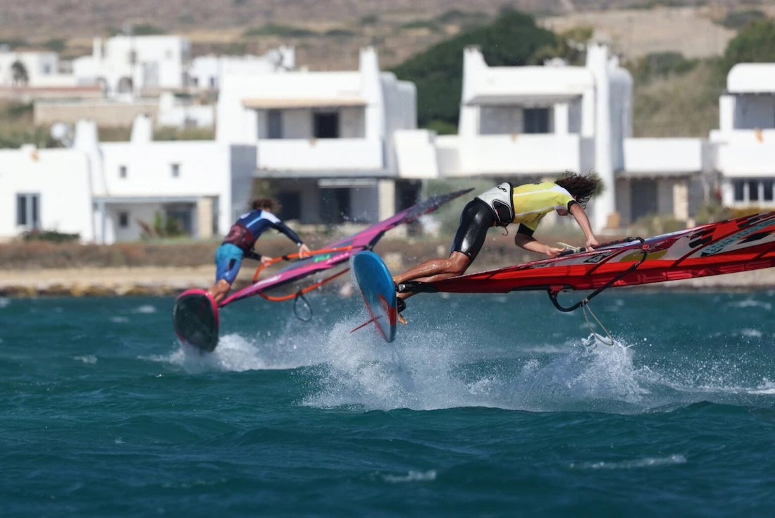 windsurfer racing at a Freestyle Pro Tour event off Golden Beach, Paros