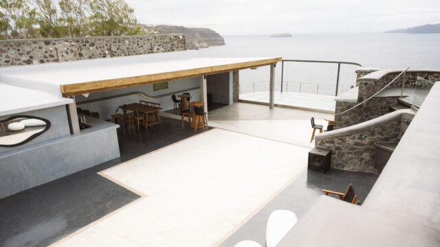 The outdoor terrace levels at Cavo Ventus wedding venue, Santorini
