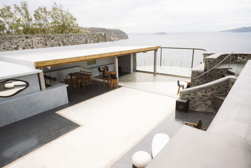 The outdoor terrace levels at Cavo Ventus wedding venue, Santorini
