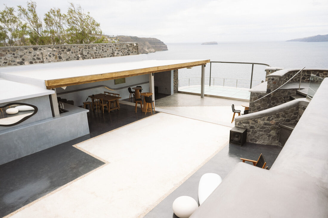 The outdoor terrace levels at Cavo Ventus wedding venue, Santorini