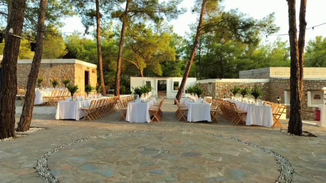 The circular stone dance floor in the village square at Kaminari Village, Rhodes