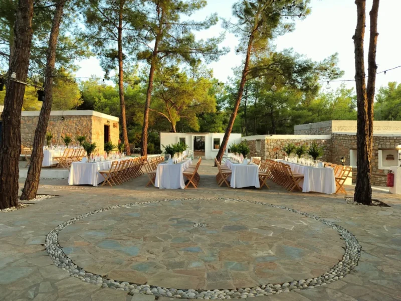 The circular stone dance floor in the village square at Kaminari Village, Rhodes