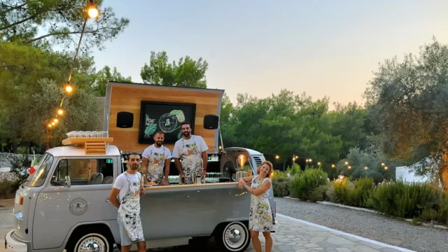 Vintage van bar serving guests at Kaminari Village, Rhodes