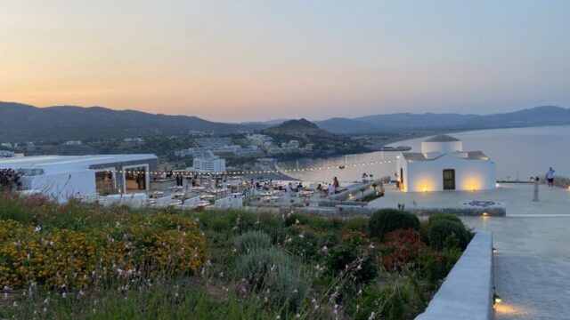 Sunset over Vlicha bay from the terrace at Ktima Lindos, Rhodes